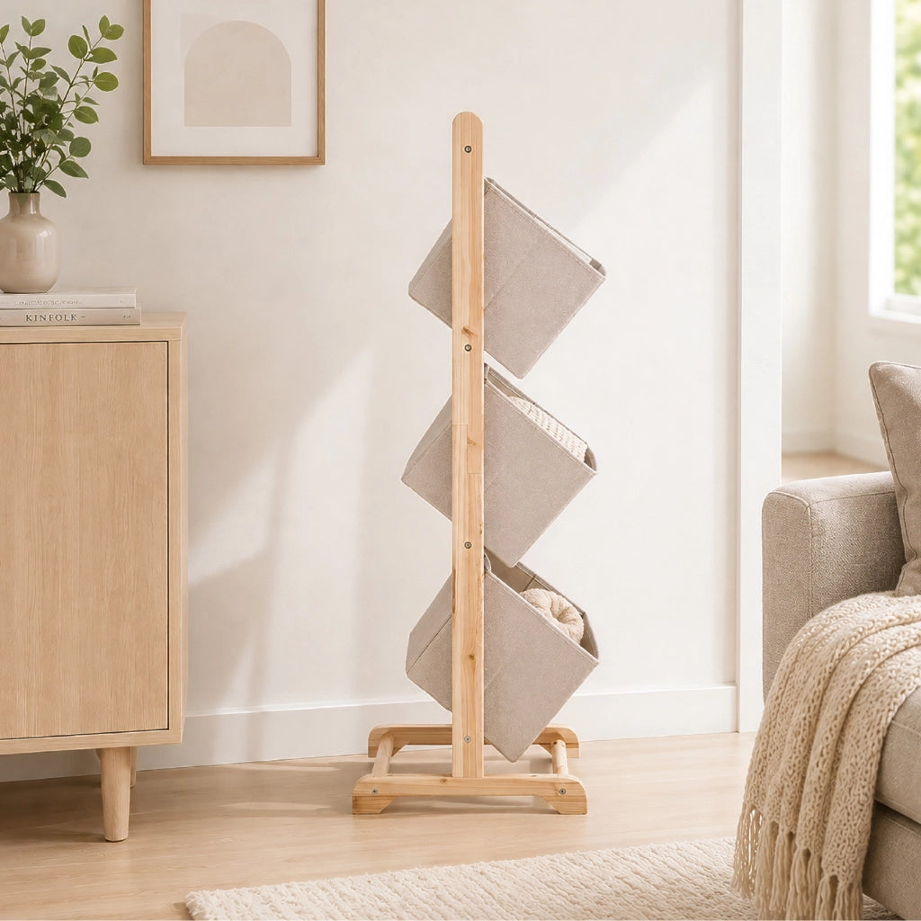 Mobiletto Portaoggetti Con 3 Cestini in Tessuto, Struttura in Legno, Organizer Salvaspazio 35 x 35 x 101,5 cm per Camera, Soggiorno e Cameretta, Beige