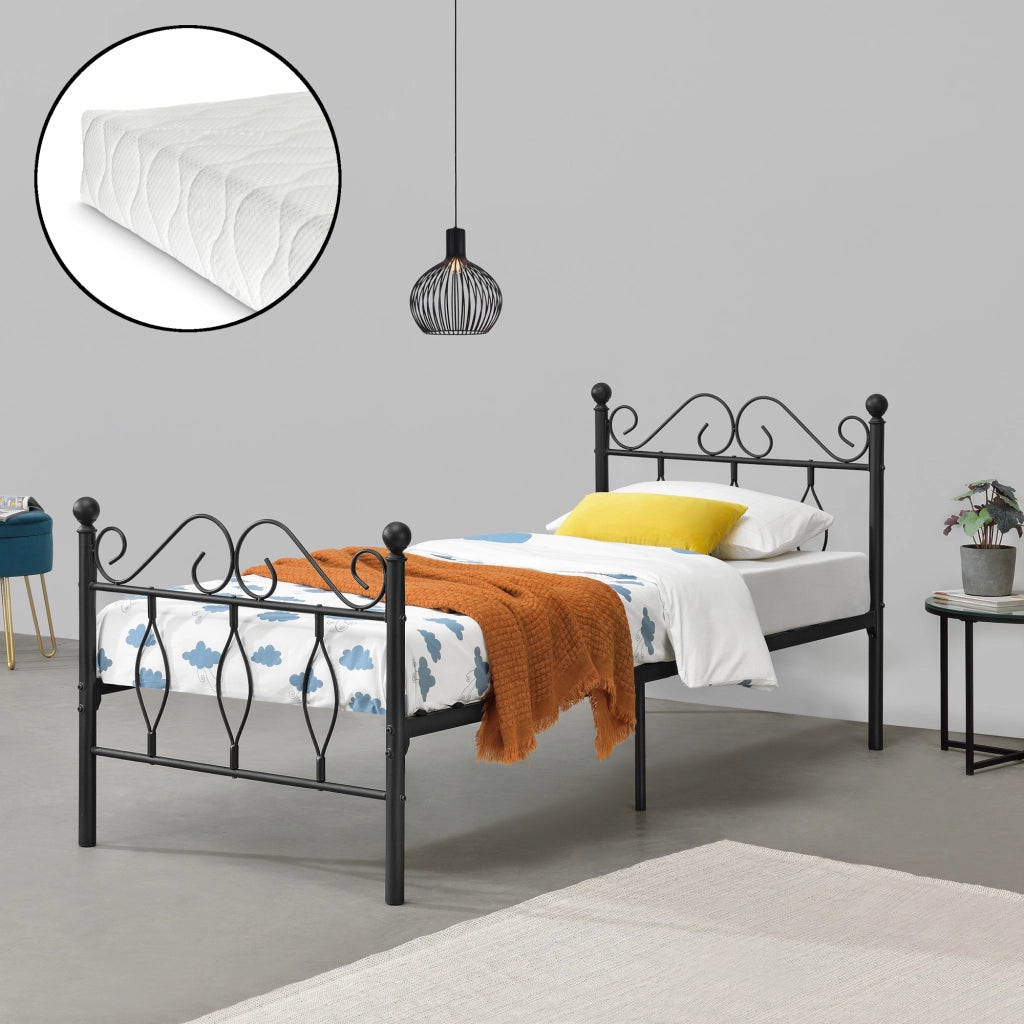 Struttura Letto Singolo in Metallo con Testiera e Pediera in Stile Romantico/Classico con Materasso 90 x 200 cm Letto 1 Piazza - Nero