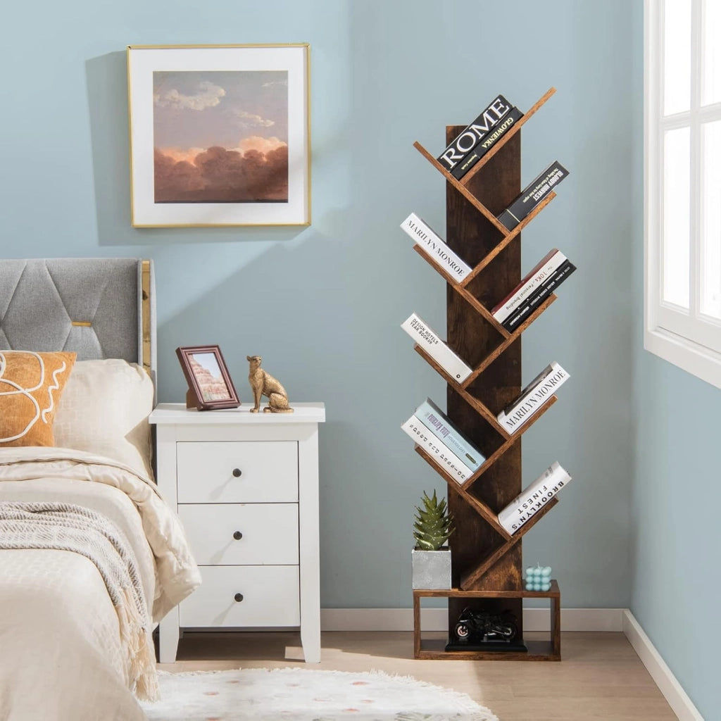 Libreria ad Albero in Legno, Scaffale a 10 Ripiani con Cassetto, Portaoggetti Autoportante per Soggiorno, Studio e Ufficio, 38 x 20 x 150 cm (Marrone)