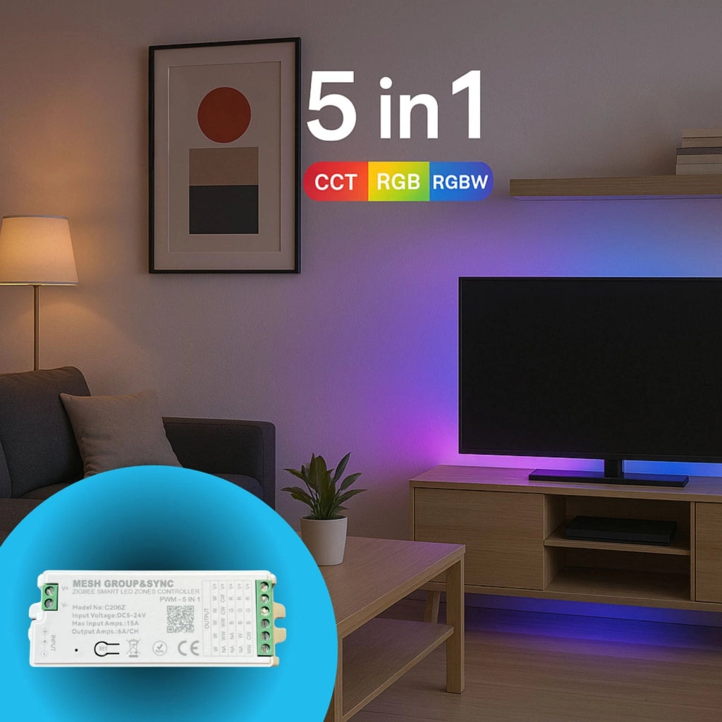 Centralina Controller 5 In 1 ZigBee, RF 2.4G TUYA, Smart Life, Max 15A Tot. (6A/CH) DC5-24V 360W, Per Striscia Led Mono Colore, CCT, RGB, RGBW, RGBCCT