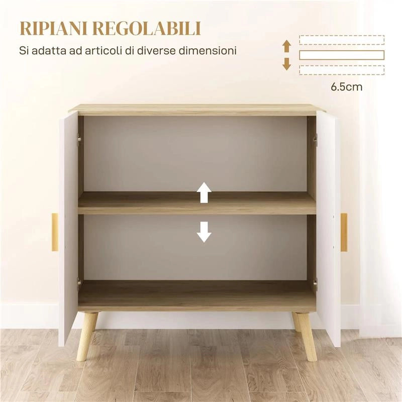 MOBILE MULTIUSO CON RIPIANO REGOLABILE SU 3 LIVELLI E BASE RIALZATA IN LEGNO 76X41.2X74 CM BIANCO E ROVERE