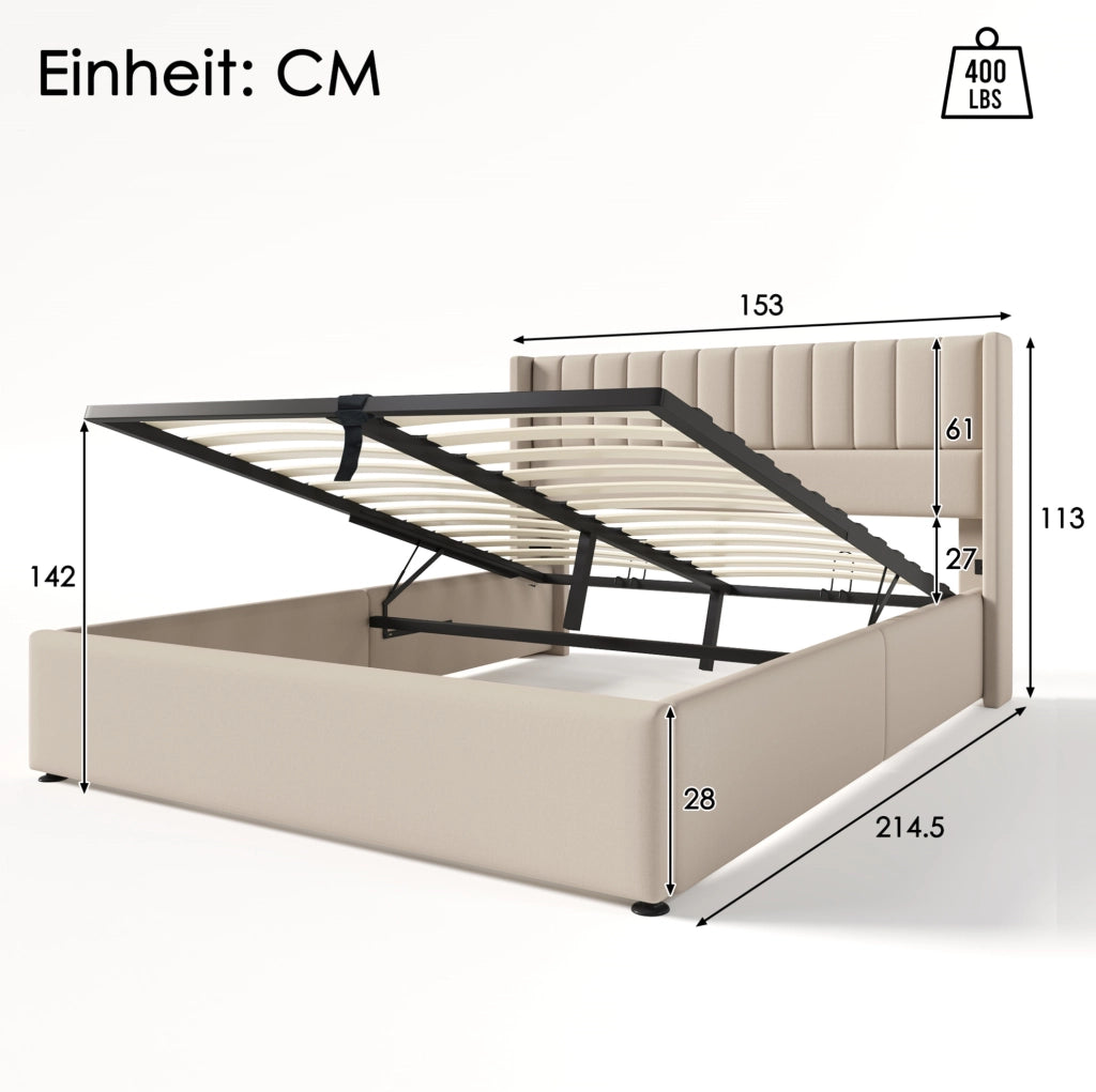 Letto contenitore imbottito 140x200 cm sollevabile in legno beige (Senza materasso)
