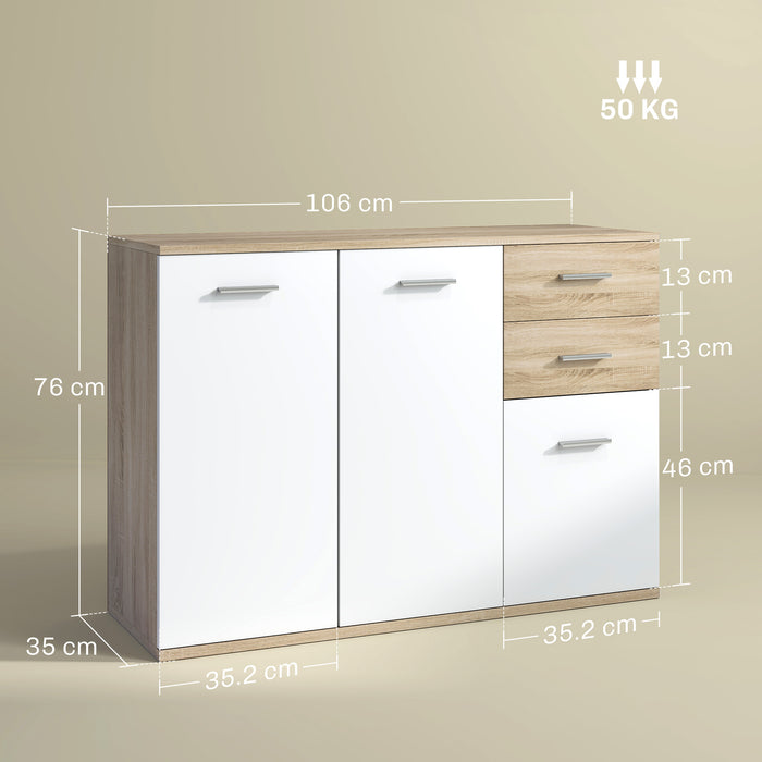 Credenza Moderna 106x35x76 cm con 3 Armadietti e 2 Cassetti color Legno