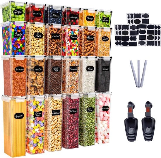 Set di 24 Contenitori Aria Tappata, Organizzazione e Stoccaggio Cucina e Armadio, Scatola di Cibo in Plastica, Senza BPA, 72 Etichette, 3 Pennelli e 8 Cucchiai inclusi