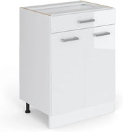 Mobiletto base per cucina R-Line, Bianco lucido, 60 cm con cassetto, senza piano di lavoro, per la libera combinazione all'interno di sistemi cucina modulari