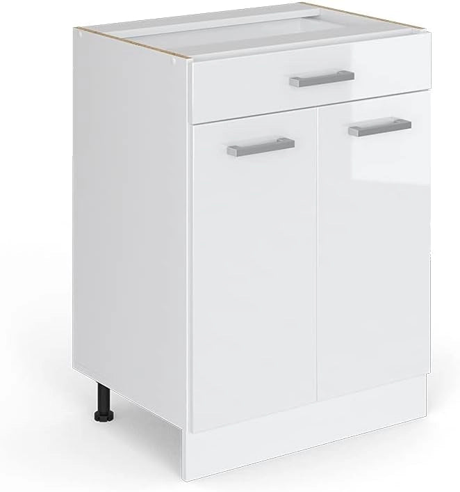 Mobiletto base per cucina R-Line, Bianco lucido, 60 cm con cassetto, senza piano di lavoro, per la libera combinazione all'interno di sistemi cucina modulari