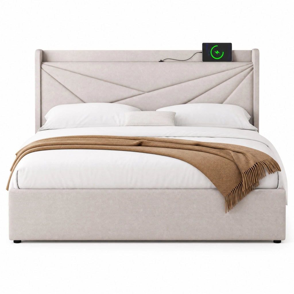 Letto matrimoniale con contenitore 180x200 cm in cotone e lino beige; con USB e Type-C