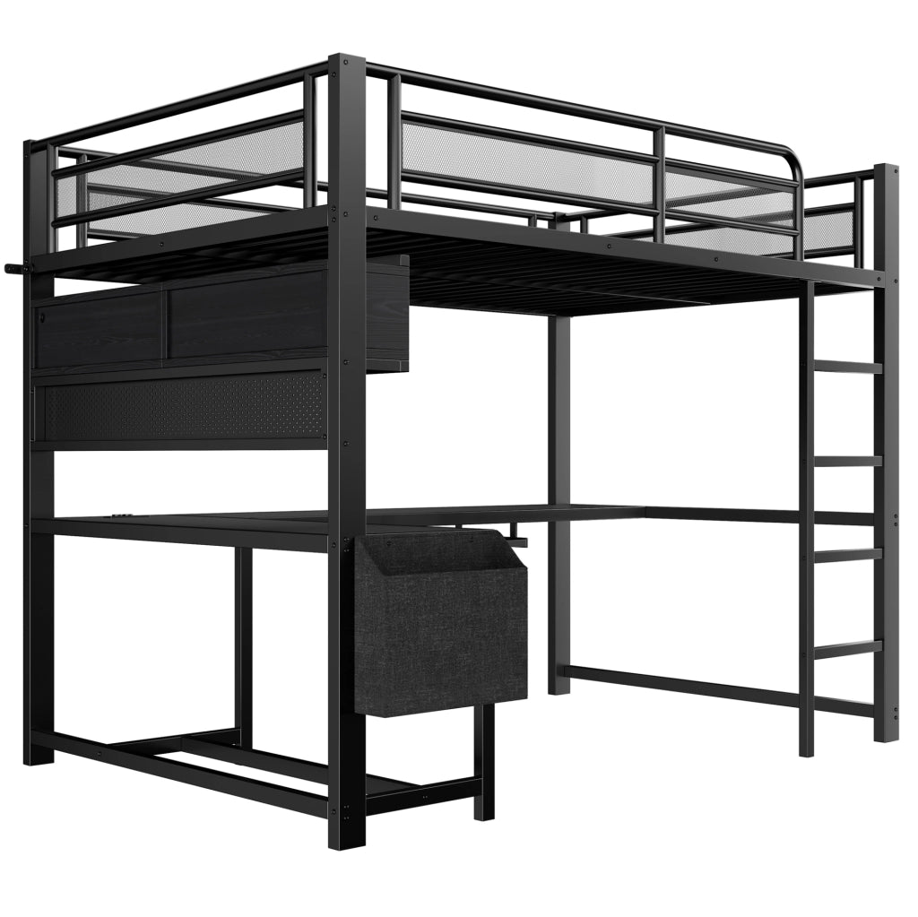 Letto a soppalco gaming 140x200 cm con scrivania, LED e prese USB in nero