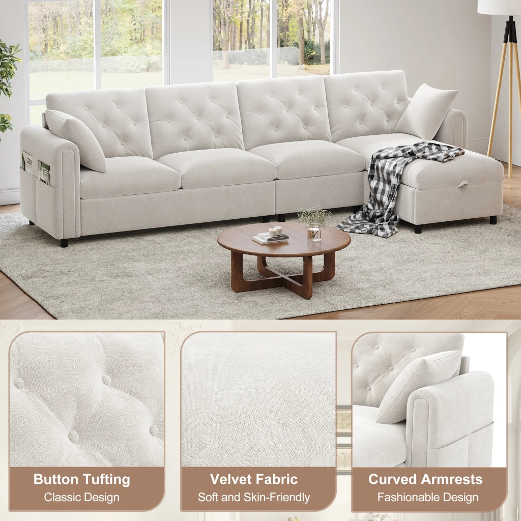Divano angolare letto con contenitore e tasche laterali in velluto beige