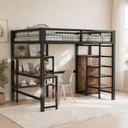 Letto a soppalco 140 × 200 cm con scrivania armadio e ripiani in metallo e MDF nero e marrone