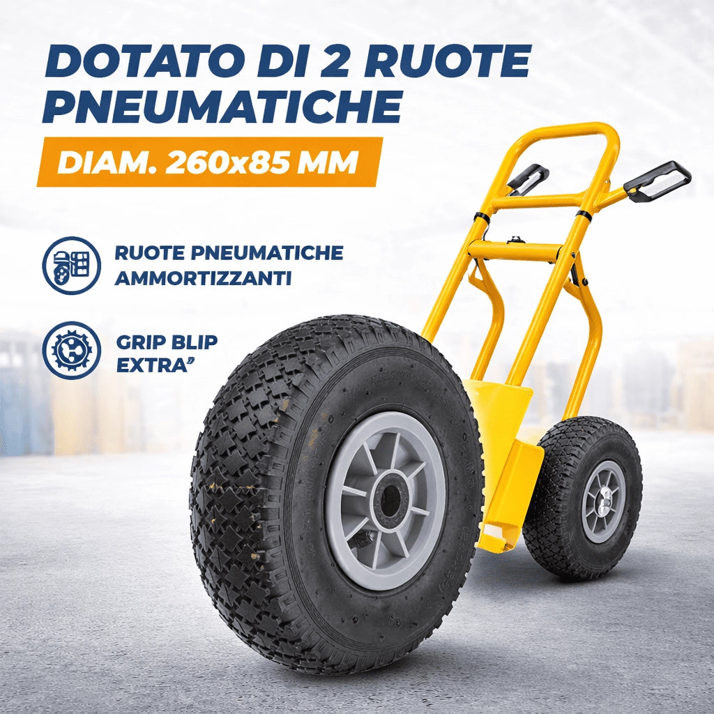 Carrello con manico telescopico richiudibile in acciaio ruote pneumatiche 200 kg