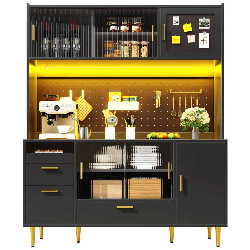 Credenza e madia con LED smart, vani aperti e cassetti, per cucina e sala da pranzo, nero, 140 × 40 × 180 cm