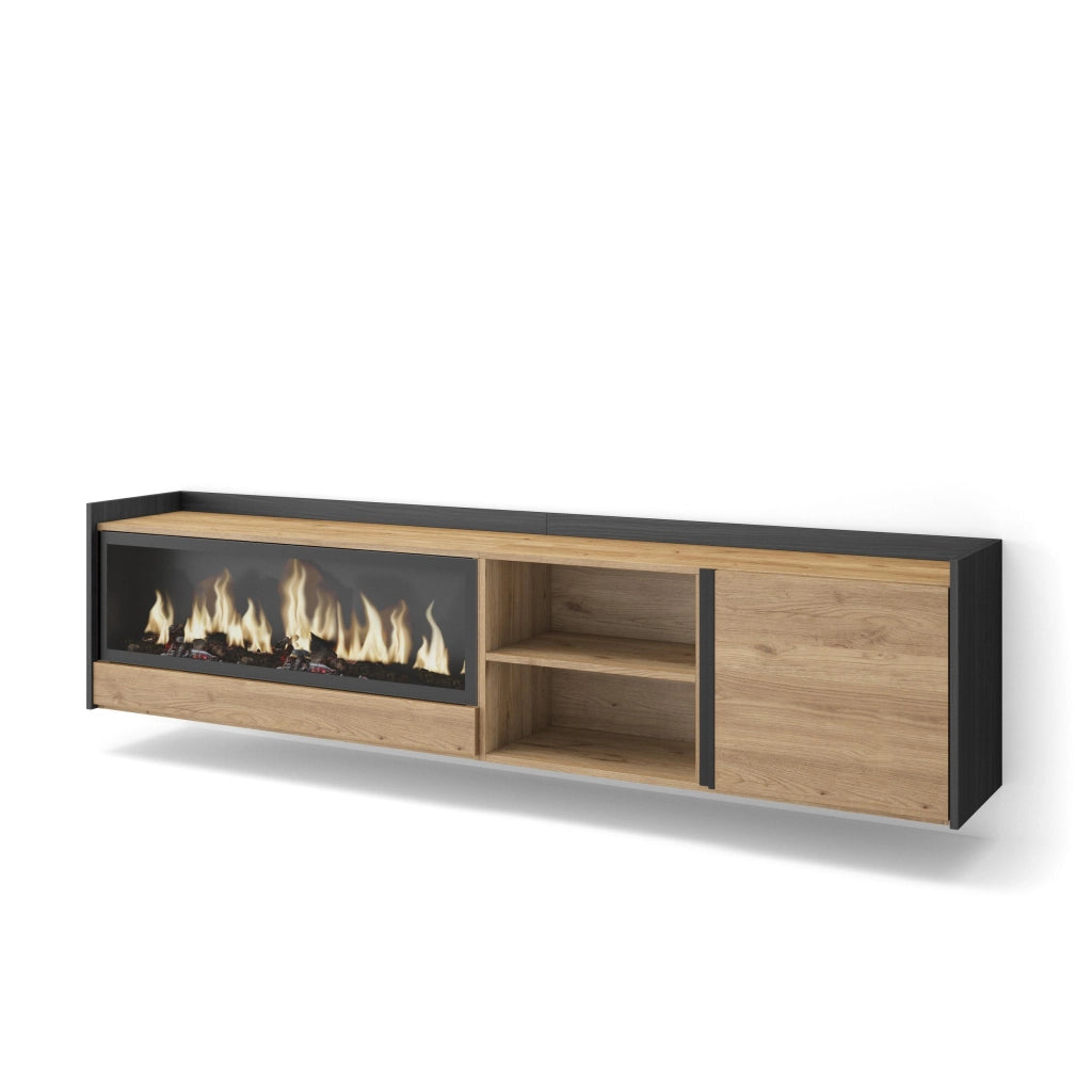 Mobile TV Soggiorno, 212x50x35 cm, Per TV fino a 80", Camino elettrico XXL, Sospeso, da appendere, Rovere e nero