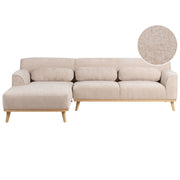Divano angolare 3 posti destro imbottito in ciniglia beige con funzione di dormiente e schienale imbottito estraibile Gambe in legno