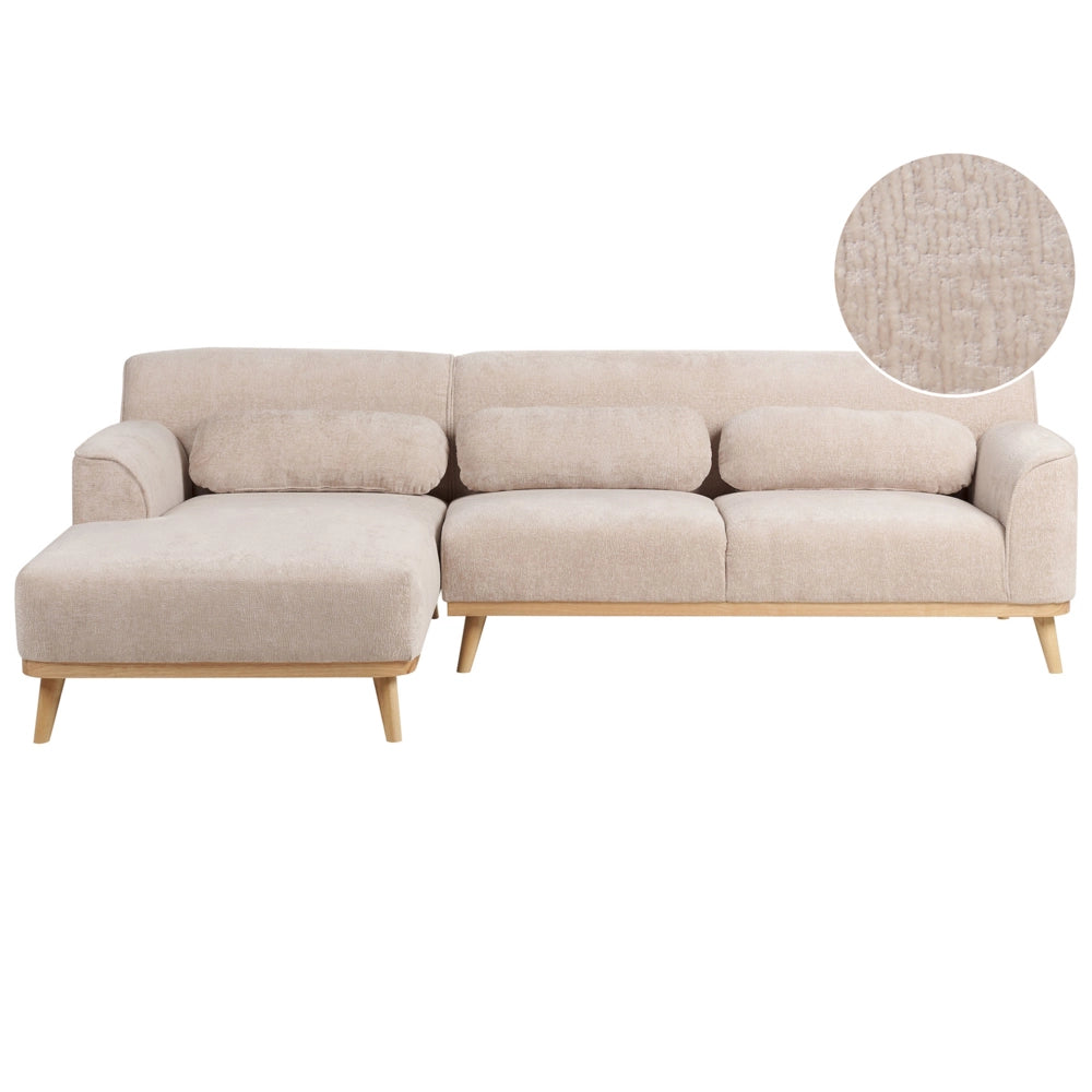 Divano angolare 3 posti destro imbottito in ciniglia beige con funzione di dormiente e schienale imbottito estraibile Gambe in legno