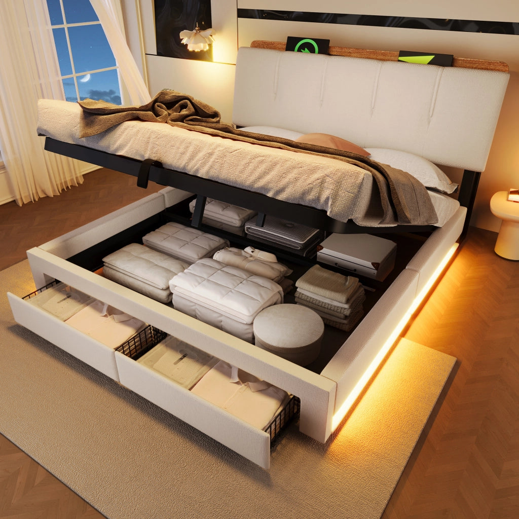 DESMIU Letto contenitore 140 × 200 cm 2 posti con USB, Type-C, LED, contenitore, senza materasso, beige