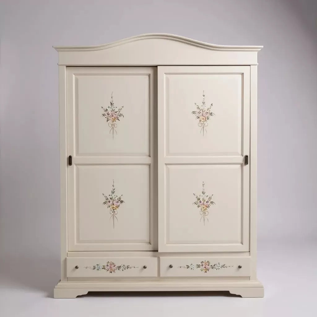 Armadio 2 ante scorrevoli legno shabby avorio decori 180x67x225 - Mobili 2G