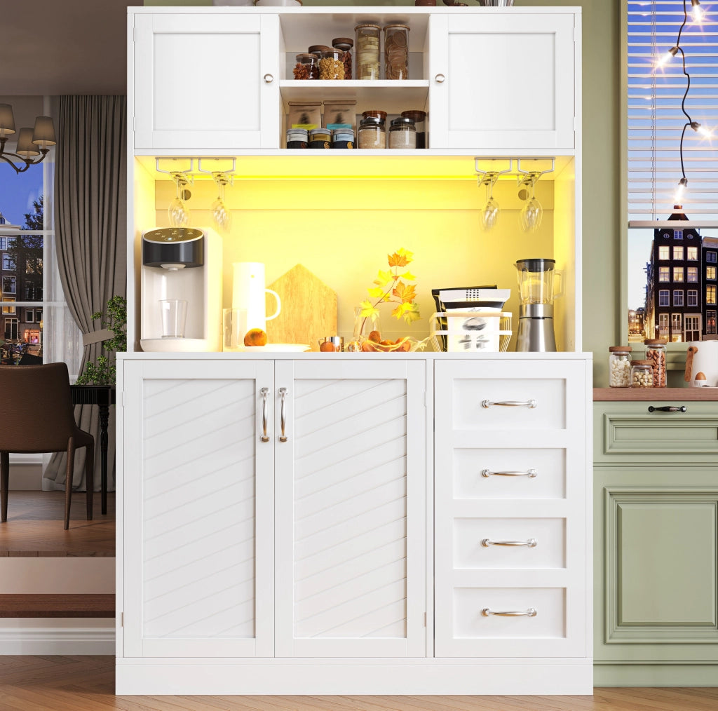 Credenza alta 120x40x188 cm bianca con LED, 4 ante e 2 cassetti
