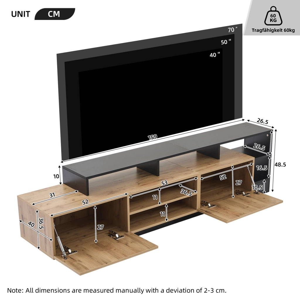 Mobile porta TV con LED e vani aperti in legno e nero per soggiorno e camera da letto 190 × 40 × 48,5 cm