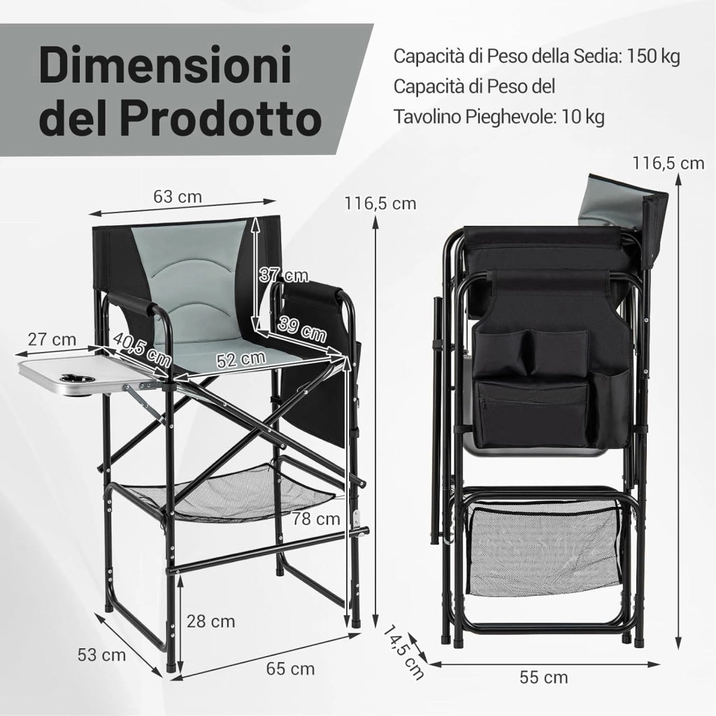 Sedia da Direttore Alta 116,5 cm, Sedia Campeggio Pieghevole per Truccatori con Tavolo Laterale Pieghevole & Poggiapiedi, Borsa in Rete e Tasca di Stoccaggio, Portata 150 kg