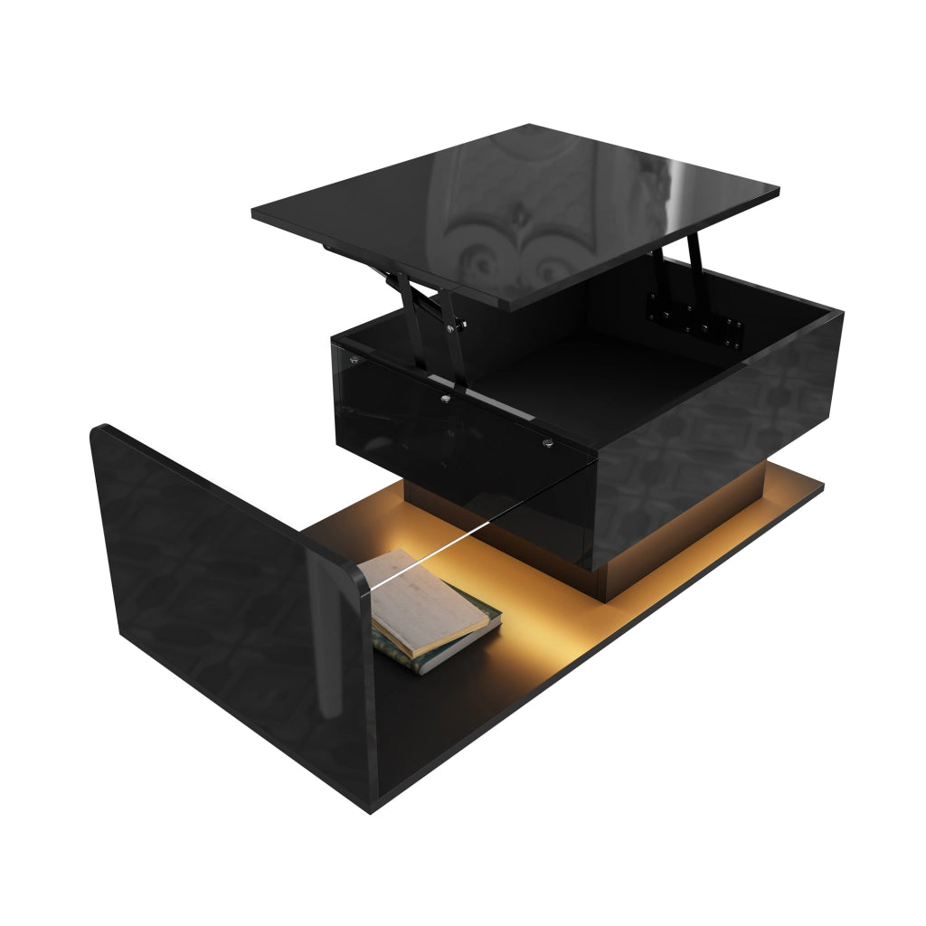 Tavolino da salotto alzabile con vano aperto e nascosto; LED e piano in vetro; nero lucido; 100 × 50 × 33/47.5 cm