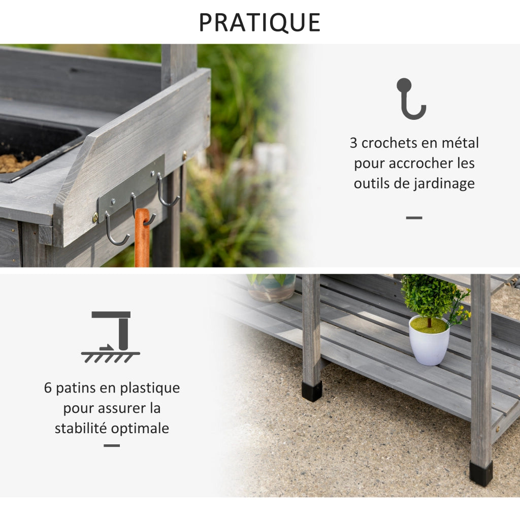 Tavolo da giardinaggio con cassetto, ripiani e lavello ¨C zephmum ¨C legno di abete grigio