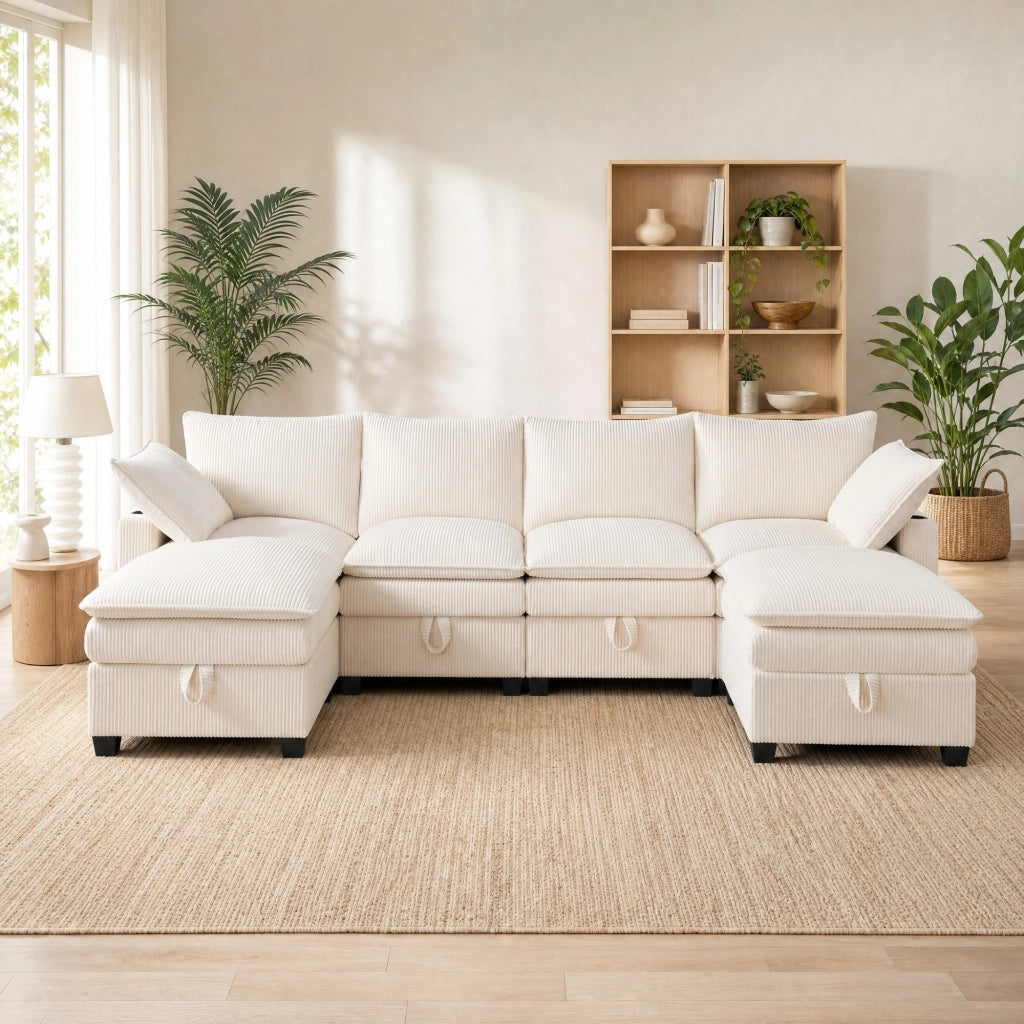 DIVANO Modulare L/U 280x151x82 cm Corduroy Beige con 2 poggiapiedi
