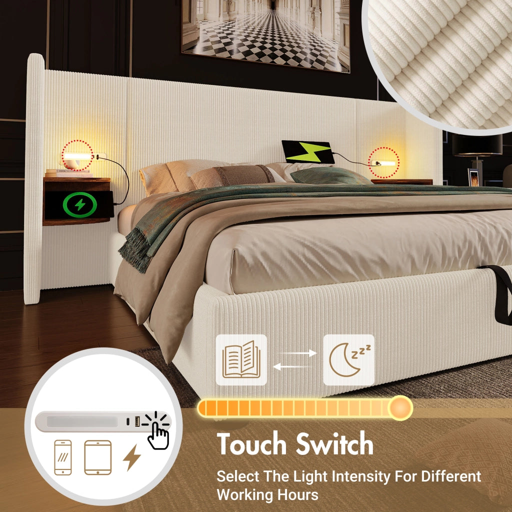 Letto Contenitore Letto Matrimoniale 180 x 200 cm con Mensola; Lampada da Lettura; USB e Type-C; senza Materasso