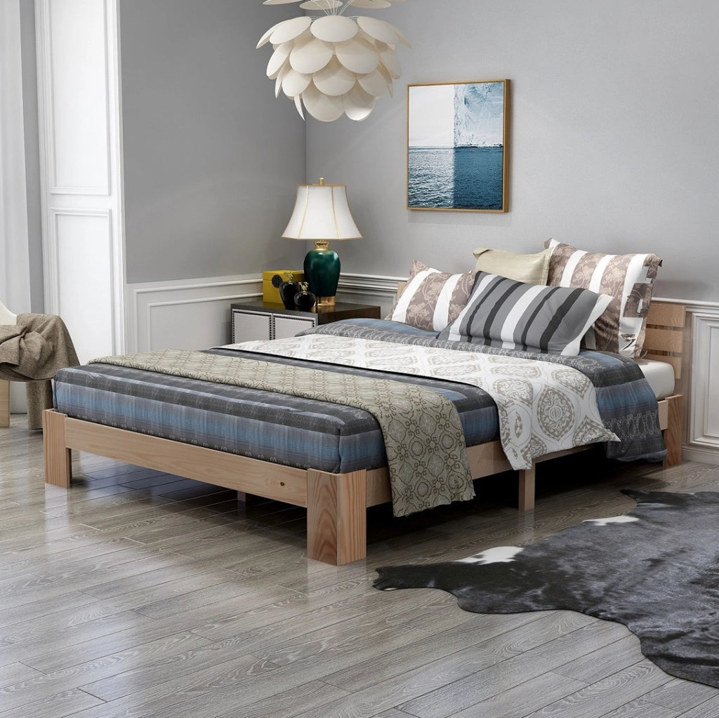 Letto matrimoniale 140x200 cm; design rustico con rete; legno; colore naturale; senza materasso