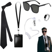 Accessori per costume di spionaggio 5 pezzi - Occhiali da sole neri - Portacarta - Orecchini - Cinturino regolabile - Per uomo/donna