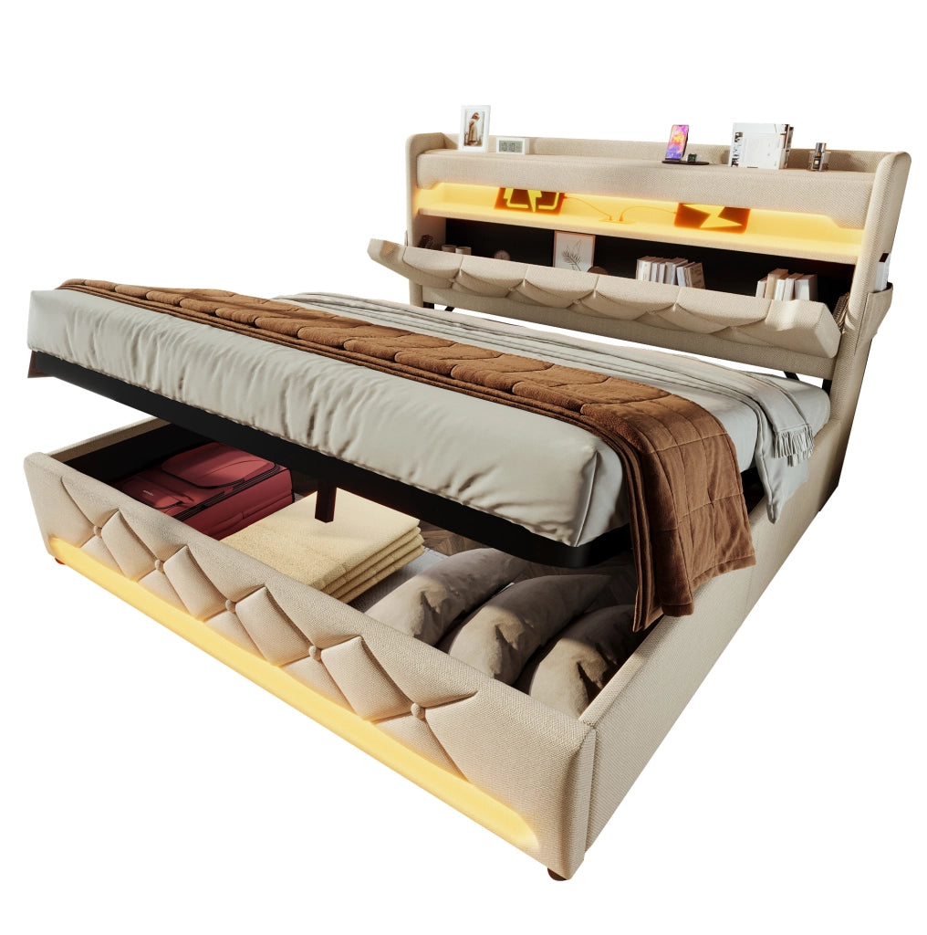 Letto imbottito 140x190 cm con LED, testiera contenitiva e porte USB/Type-C