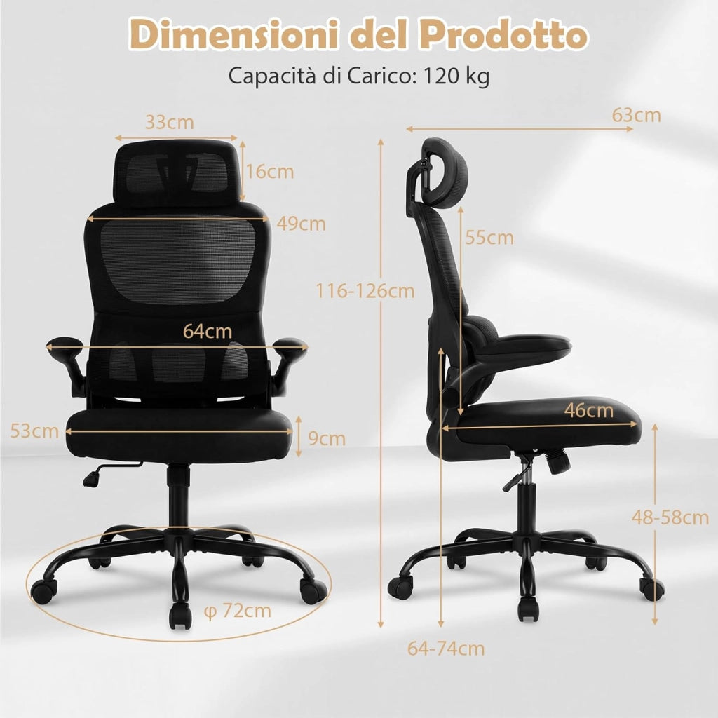 Sedia da Ufficio Ergonomica, Sedia da Scrivania Computer, Poggiatesta e Supporto Lombare, Regolabile in Altezza, Portata 120 kg, Nero