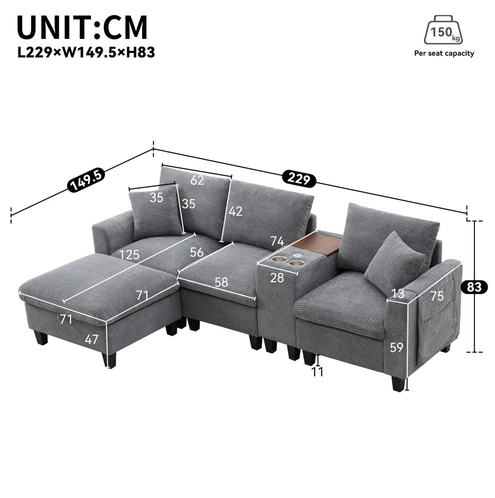 Divano angolare ULEVR 229x149,5 cm con pouf contenitore, console USB e 2 portabicchieri, velluto a coste grigio