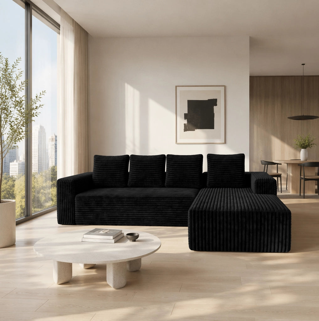 Divano modulare angolare con chaise longue reversibile; velluto a coste nero