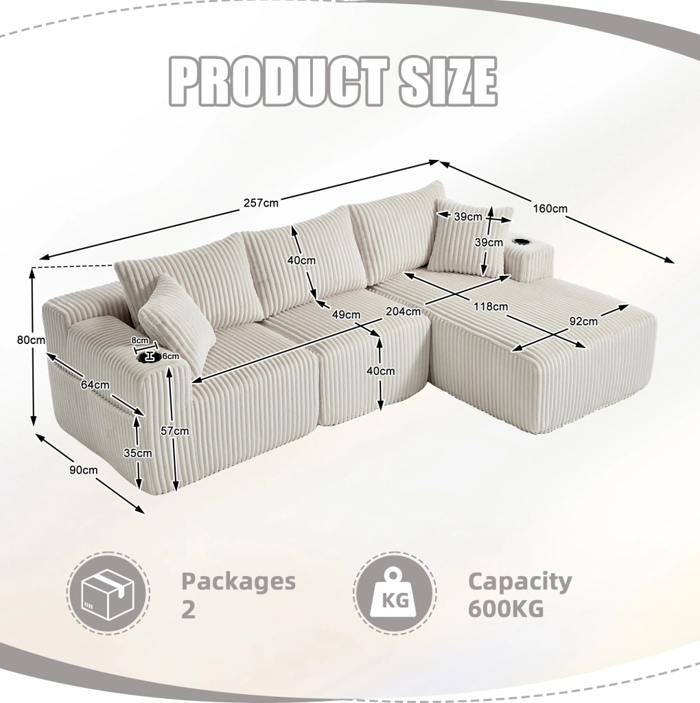 Divano modulare beige con penisola, velluto a coste, 5 cuscini e portabevande laterali