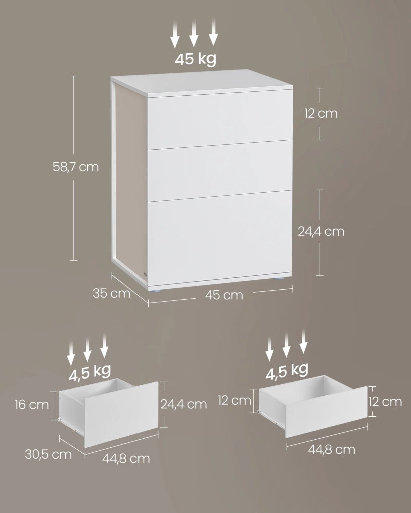 Comodino moderno con montaggio senza attrezzi tavolino con cassetti per camera da letto o soggiorno 35 x 45 x 58,7 cm bianco 12_0007595
