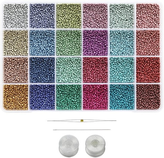 Rocailles in vetro trasparente 11/0, 24 colori, 14400 pezzi in scatola, per la creazione di accessori come bracciali e orecchini.