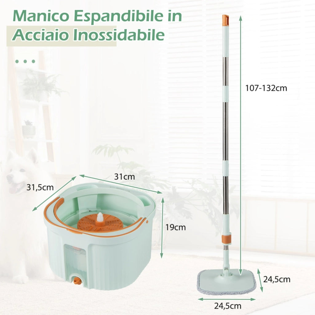 Testa mocio quadrata con strizzatura automatica per pavimenti, Sistema di separazione acqua sporca e pulita Verde chiaro-Strumenti pulizia