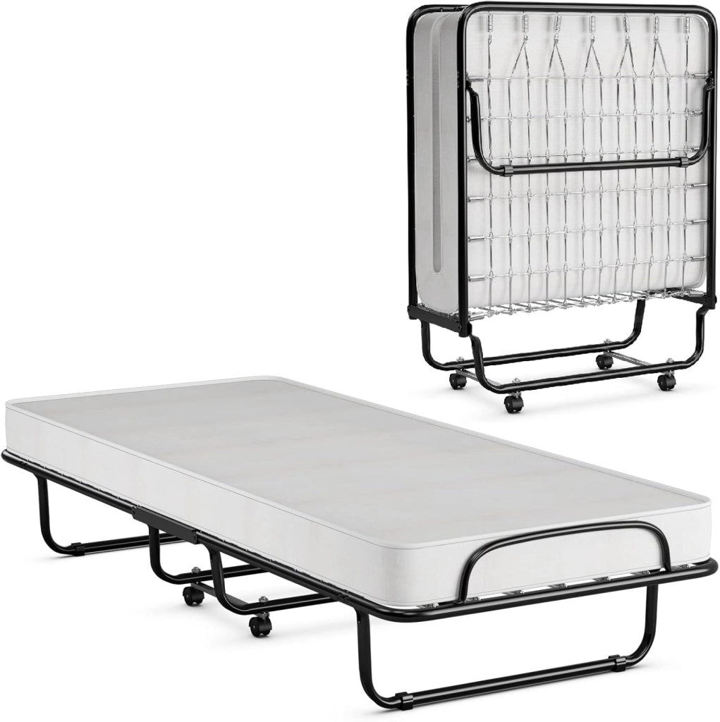 Letto Singolo Pieghevole, Portata di 120 kg, Letto Pieghevole con Materasso e 4 Ruote, 4 Gambe in Mettallo, Fibbia Fissata, 80 x 190 cm, Materasso di 10 cm, Ideale per Viaggio e di Riserva