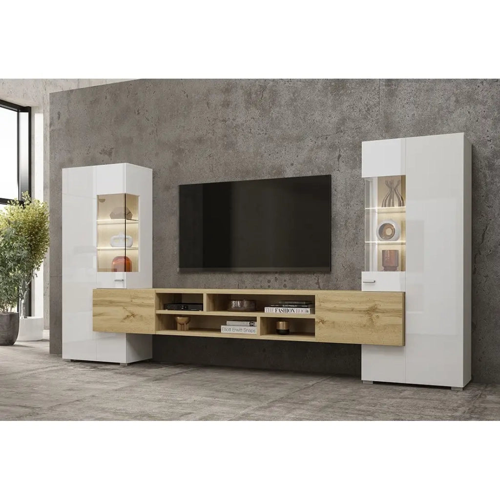 Set di 3 mobili da soggiorno collezione KOBEE. Colore bianco e quercia.