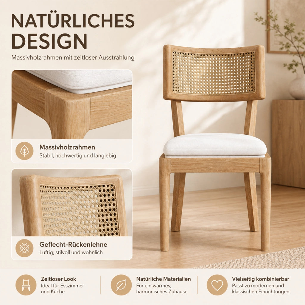 Set di 6 sedie da pranzo in legno massello con schienale in rattan e cuscino in lino, colore legno