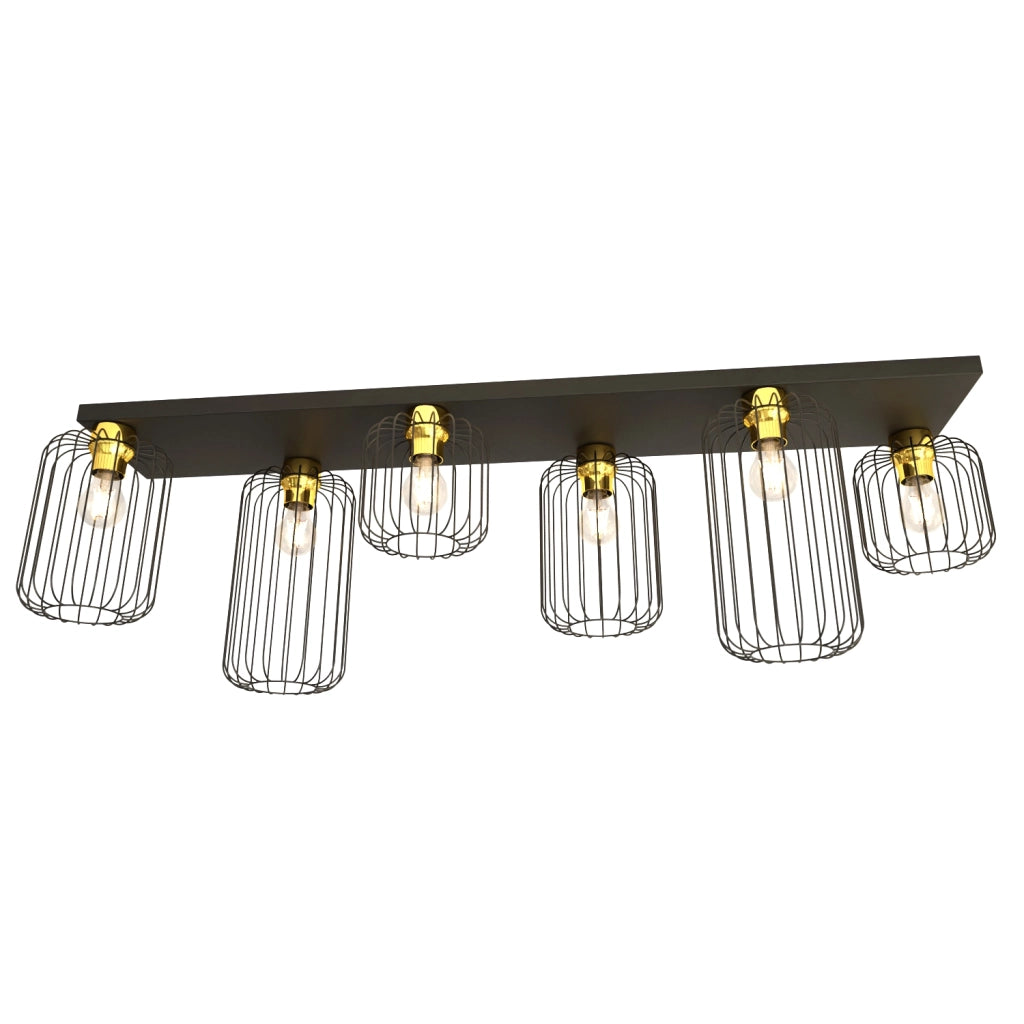 Plafoniera Minimal Industrial Njoror 6 Luci Lineari Nera E Oro