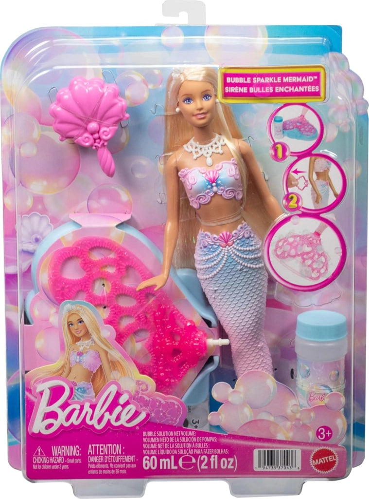 Barbie - Sirena Bolle di Sapone, bambola dai lunghi capelli biondi con ciocca colorata, funzione e soluzione magica per