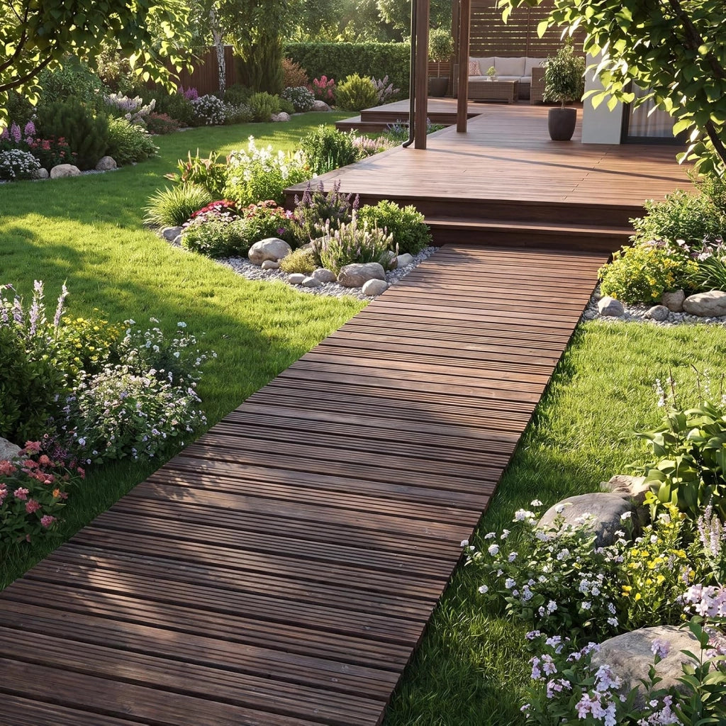 Sentiero da Giardino in Legno, Passerella Decorativa da Esterno, Superficie Antiscivolo, Collegamento con Fili Metallici, Sentiero Arrotolabile per Cortile e Spiaggia, 367 x 55 cm (Marrone)