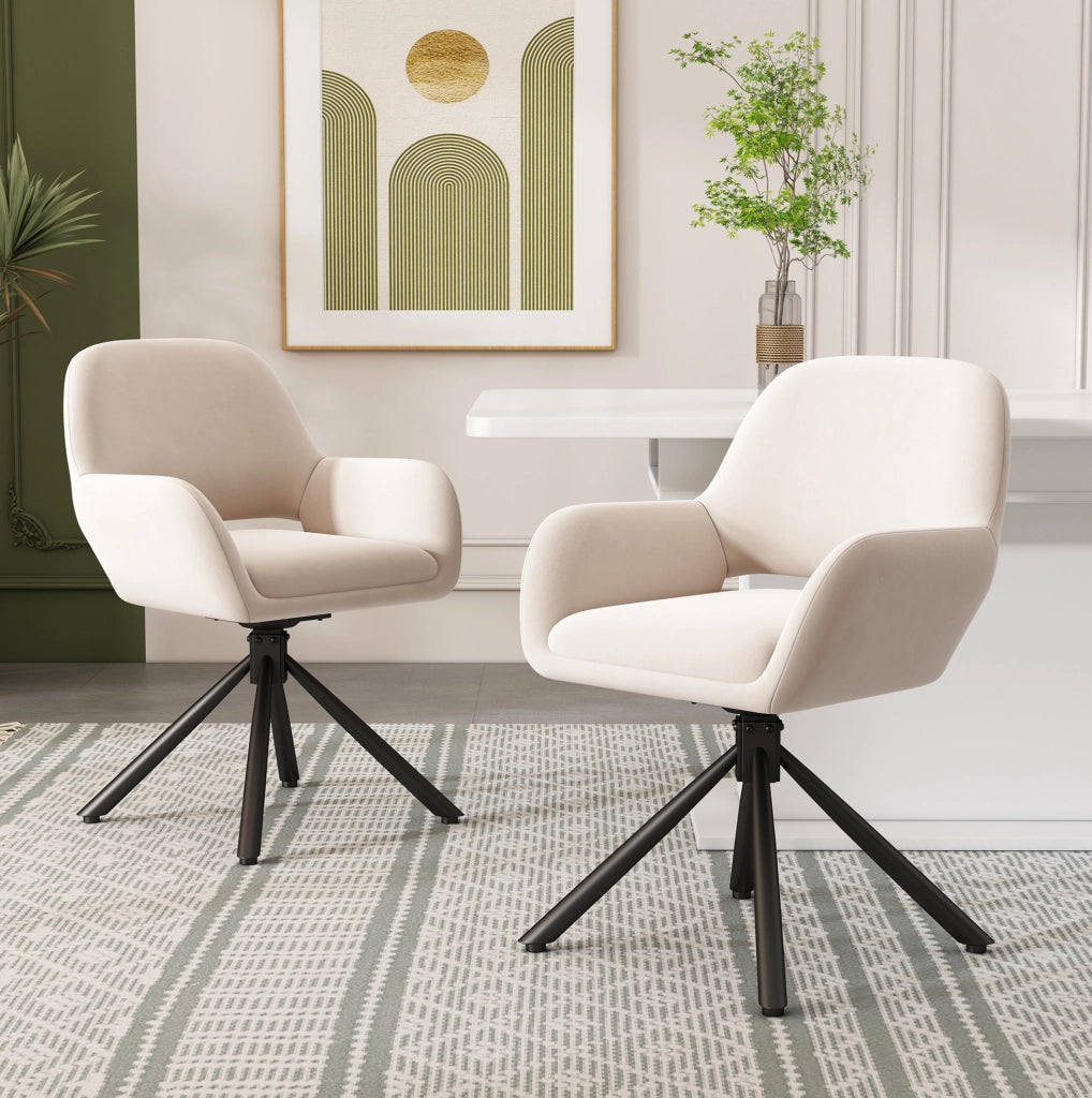 Set di 6 sedie da pranzo girevoli con braccioli; velluto beige; metallo