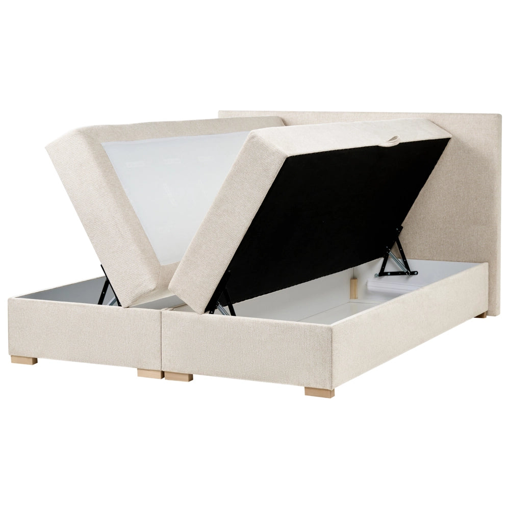Letto matrimoniale con contenitore sollevabile in tessuto beige chiaro 160 x 200 cm con testiera stile moderno