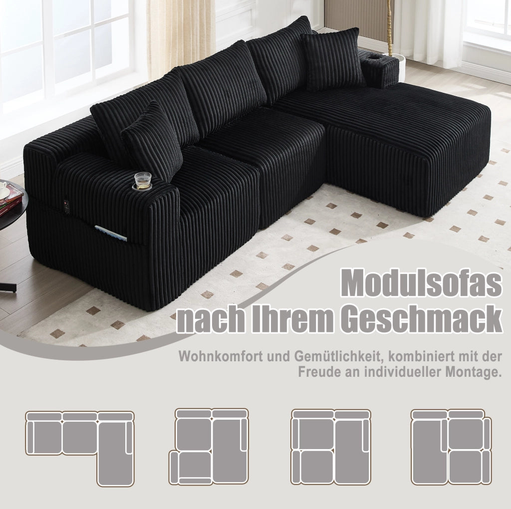 Divano modulare nero in velluto a coste con chaise longue