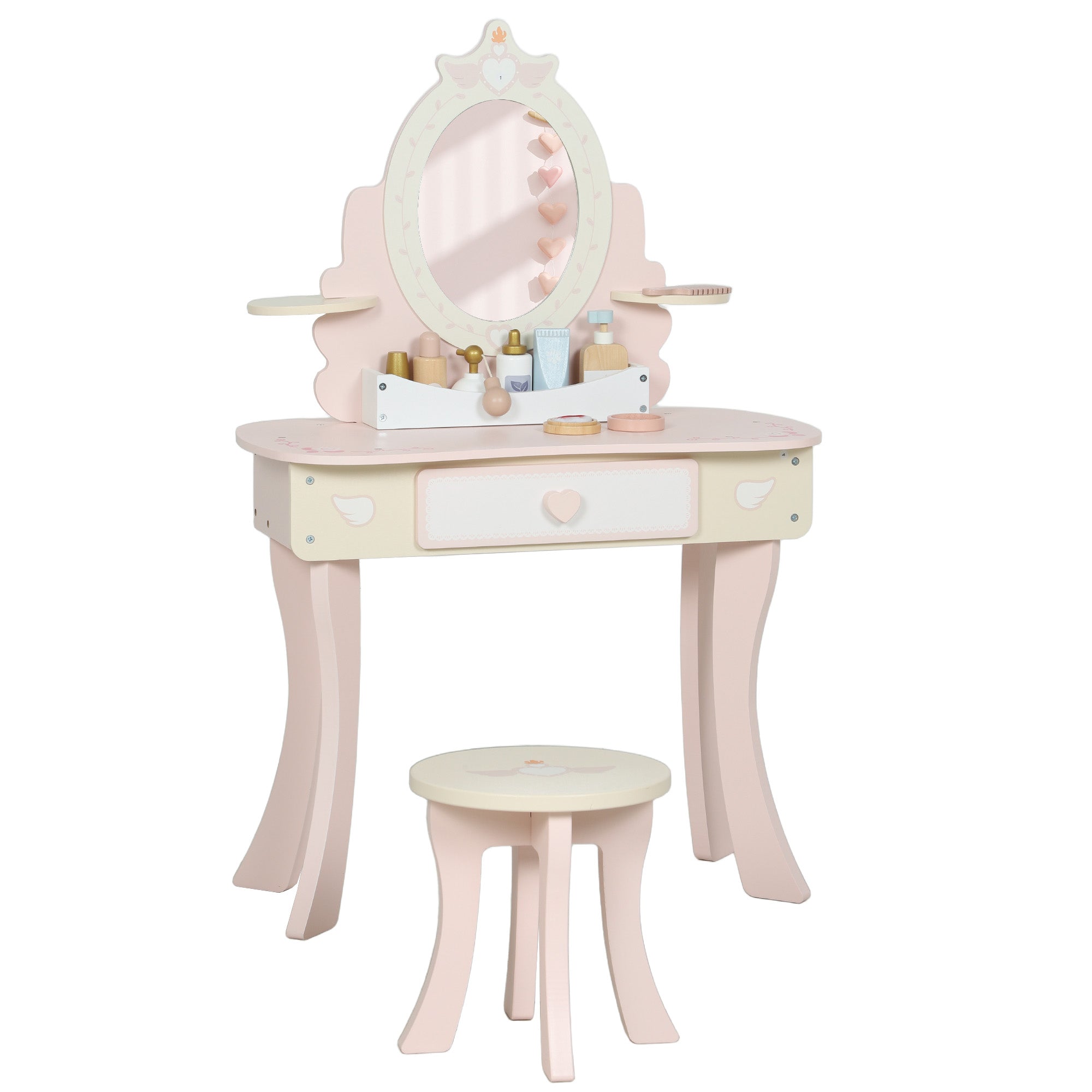 Set Toeletta per Bambine con Specchio e Sgabello con 7 Accessori in Legno Rosa