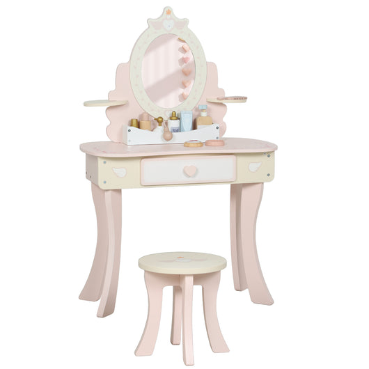 Set Toeletta per Bambine con Specchio e Sgabello con 7 Accessori in Legno Rosa