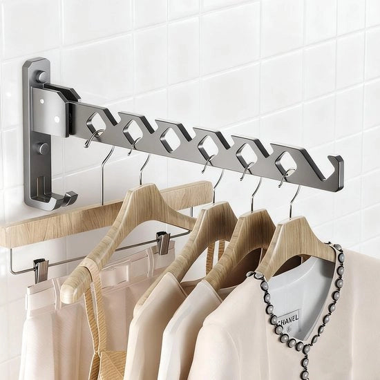 Supporto per abbigliamento pieghevole - Montaggio a muro con viti/laccio - Impermeabile/Resistente all'umidità - Adatto per bagno/ balcone - Incluso 2 ganci di appoggio - Supporto per abbigliamento a muro